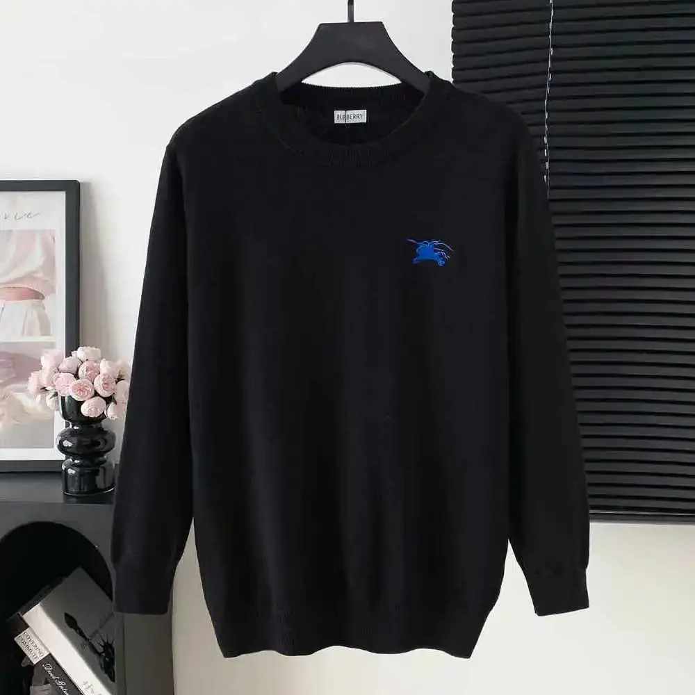Burberry Black Crew Neck Sweater Blue Equestrian Logo Knit Top